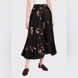 Vince Silkfeel Black Maroon Floral Pleated Midi Skirt Size 12